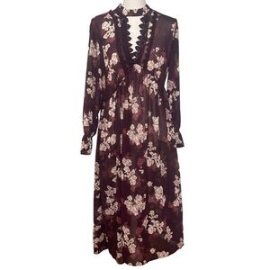 Clover & Scout Boutique Burgundy Floral Choker Neck Sheer Maxi Dress NWOT